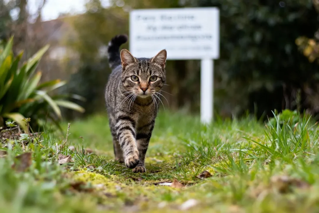 Chat tigré marchant sur un chemin herbeux, regardant vers l'objectif, arrière-plan flou avec panneau blanc.