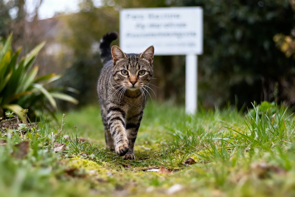 Chat tigré marchant sur un chemin herbeux, regardant vers l'objectif, arrière-plan flou avec panneau blanc.