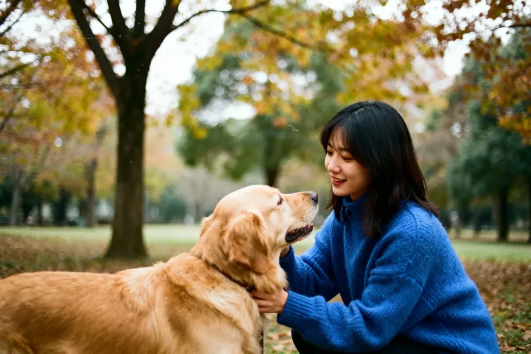 Femme souriante caressant un chien doré dans un parc automnal, entourée d'arbres aux feuilles colorées.