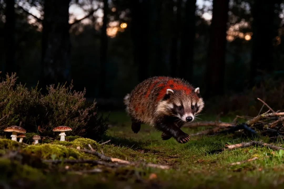 Un blaireau peint en rouge court dans une forêt, près de champignons et de buissons, au crépuscule.
