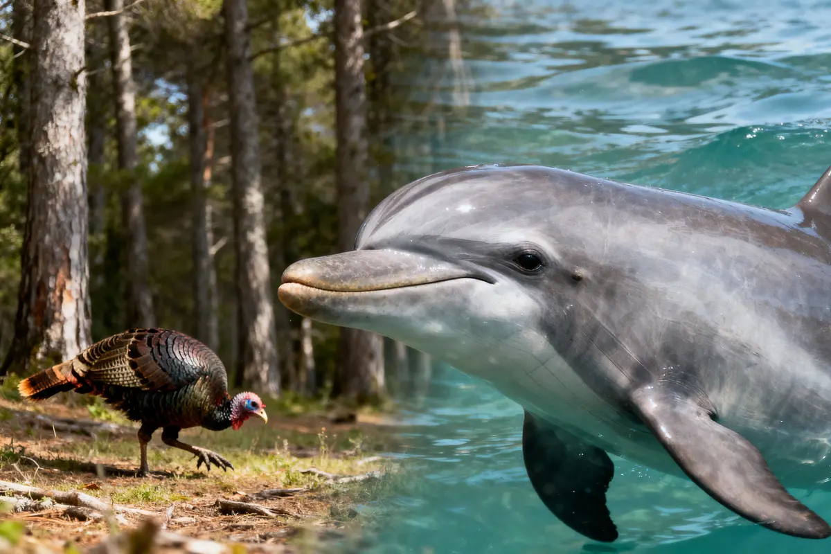 Un dindon dans une forêt juxtapose un dauphin nageant dans l'eau. Deux environnements fusionnés.