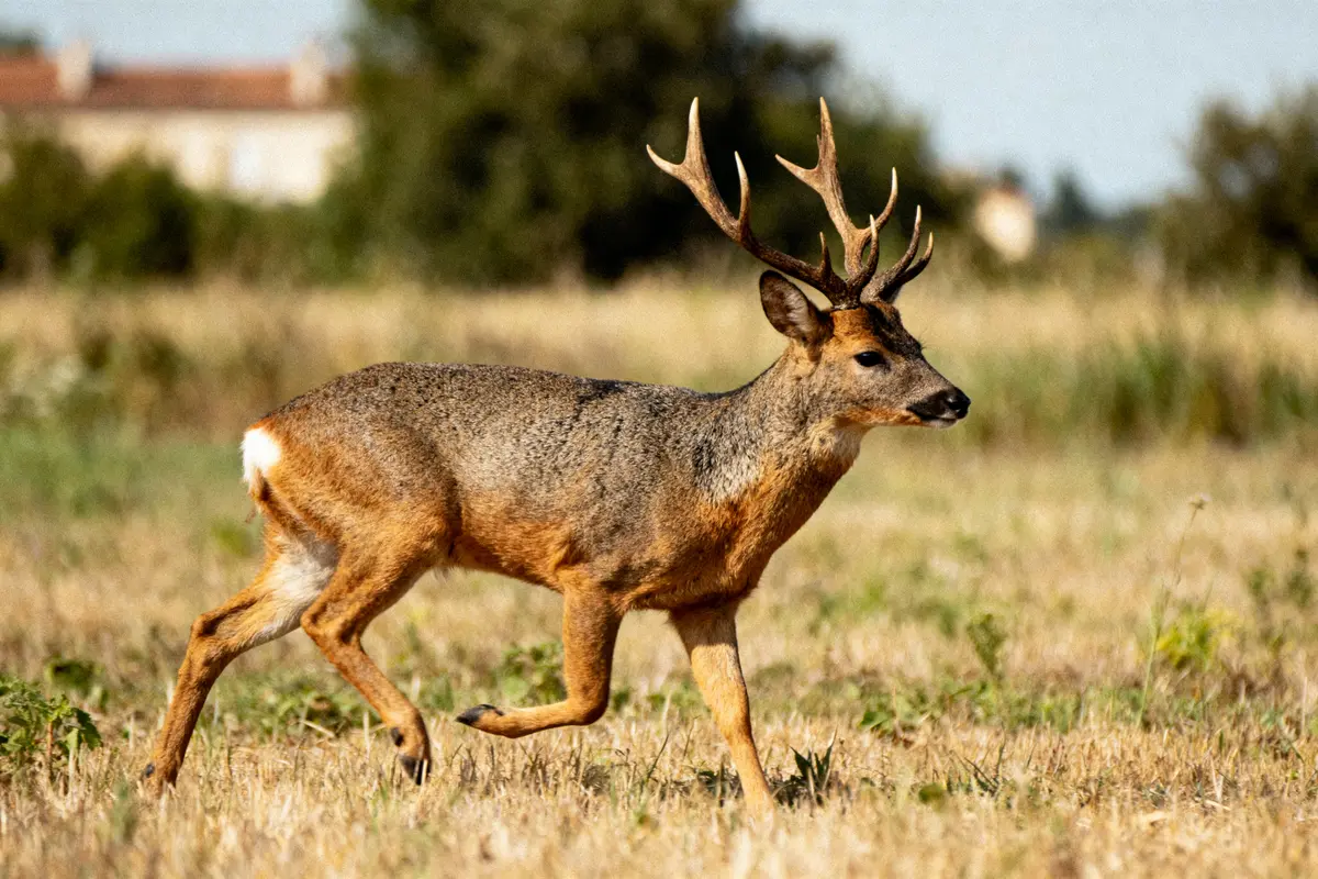 Cerf avec de grands bois marchant dans un champ d'herbes sèches, arrière-plan flou.