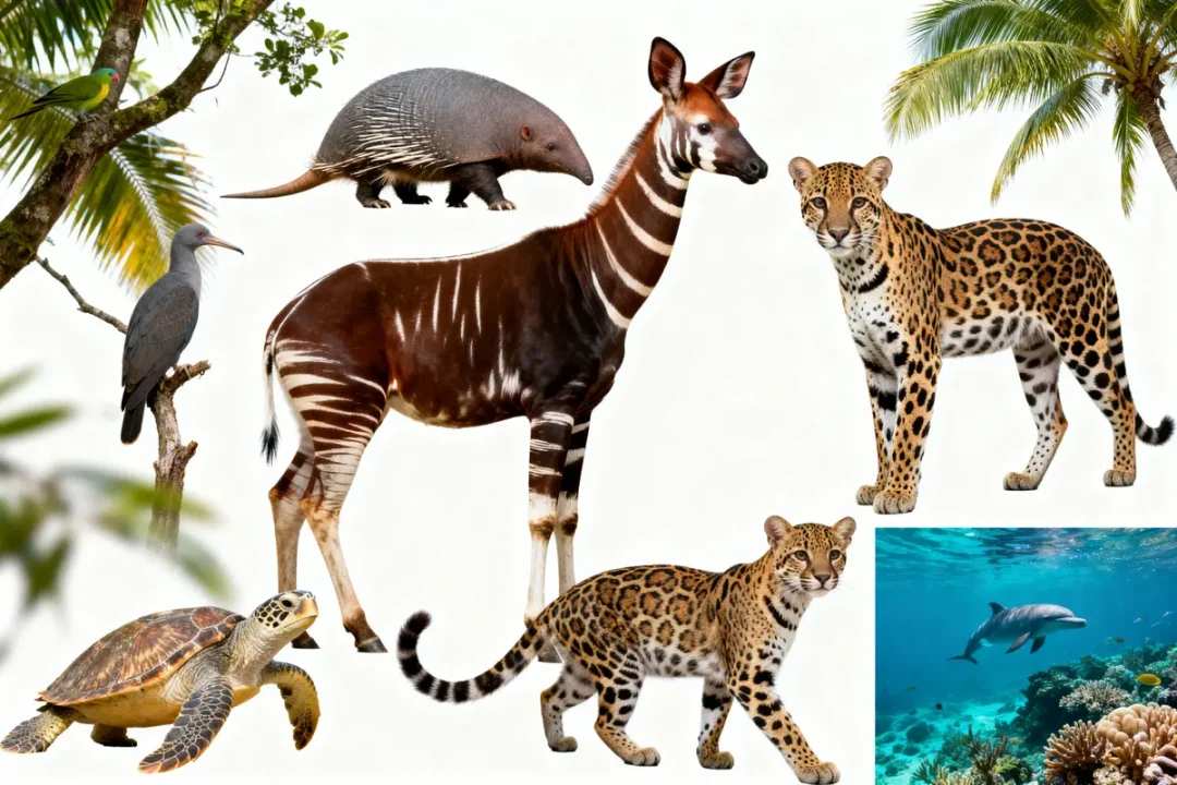 Divers animaux exotiques : oiseaux, okapi, félins, tatou, tortue et dauphin sous-marin, avec palmiers en arrière-plan.