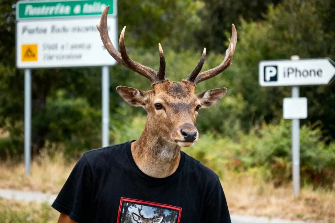 Cerf portant un t-shirt avec motif de cerf, panneau indiquant "iPhone" derrière, forêt en arrière-plan.