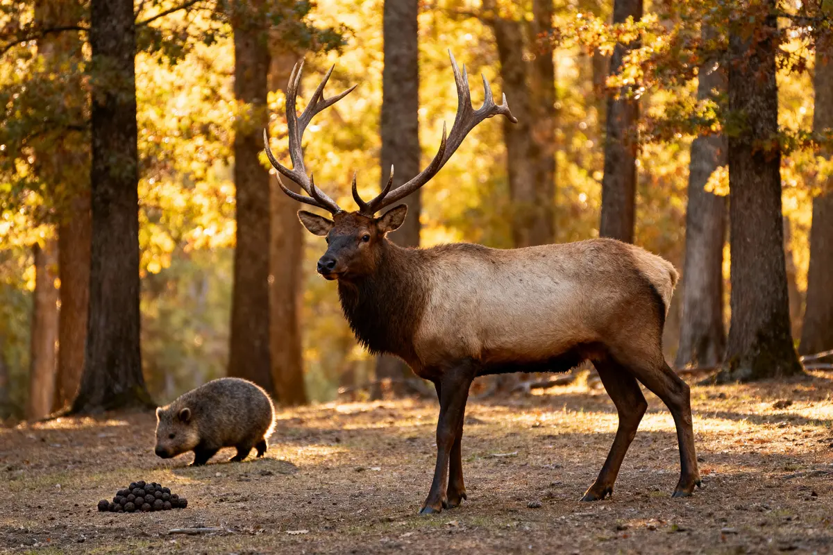 Cerf majestueux et sanglier en forêt, éclairés par lumière dorée.