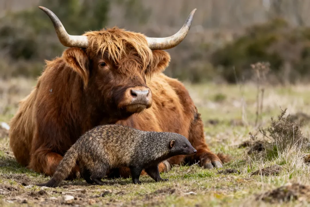 Vache Highland au sol, mangouste marche devant, prairie en arrière-plan flou.