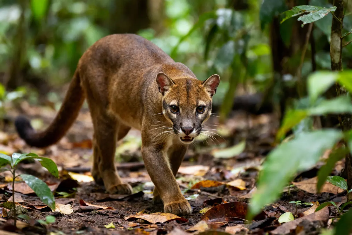 Fossa marchant sur le sol forestier, entouré de végétation luxuriante, regard intense.