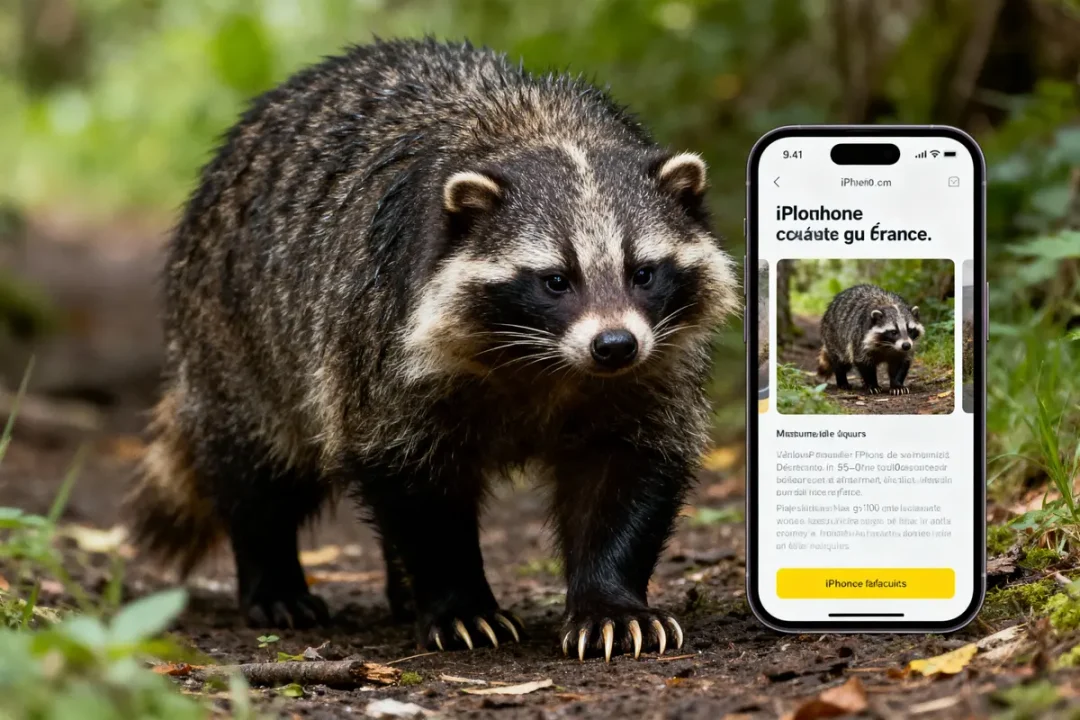 Un blaireau à côté d'un smartphone affichant une image similaire sur l'écran, en forêt.