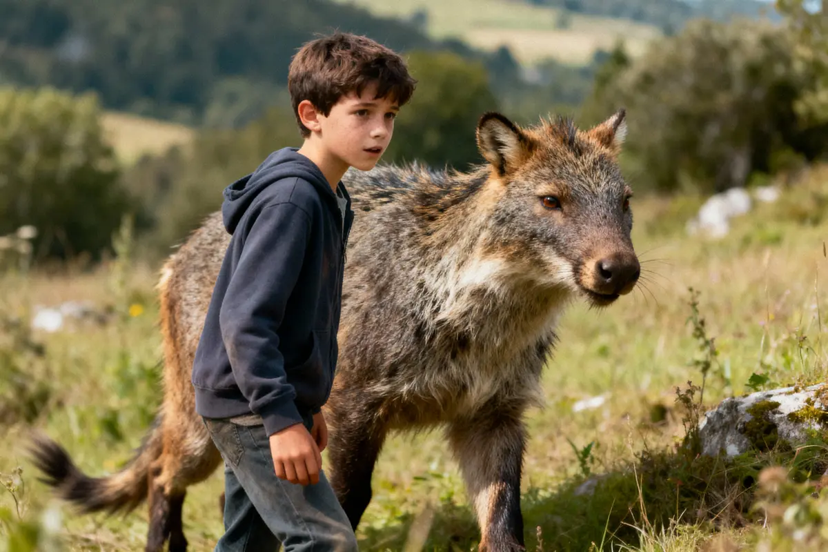 Un garçon marche à côté d'un grand animal ressemblant à un loup dans un champ verdoyant.