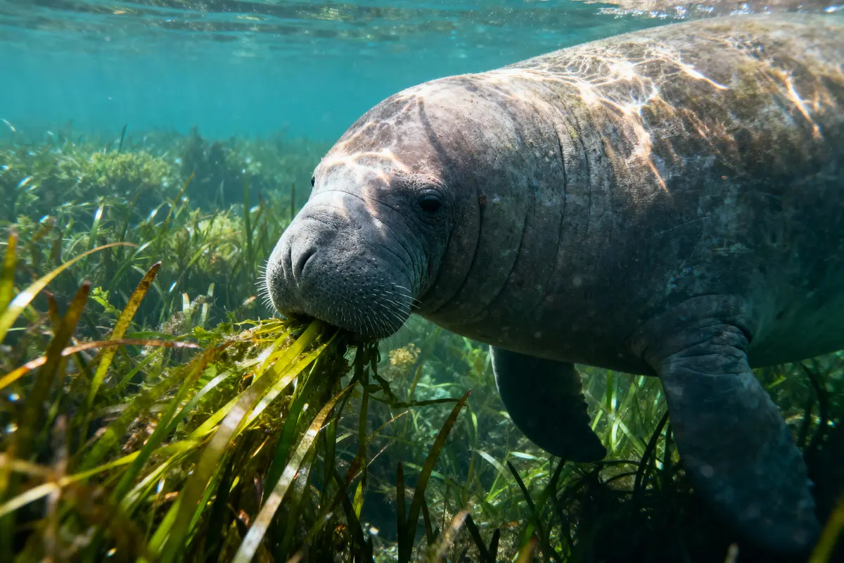 Lamantin nageant sous l'eau, mangeant des herbes marines, éclairage naturel, eau claire, ambiance paisible et naturelle.