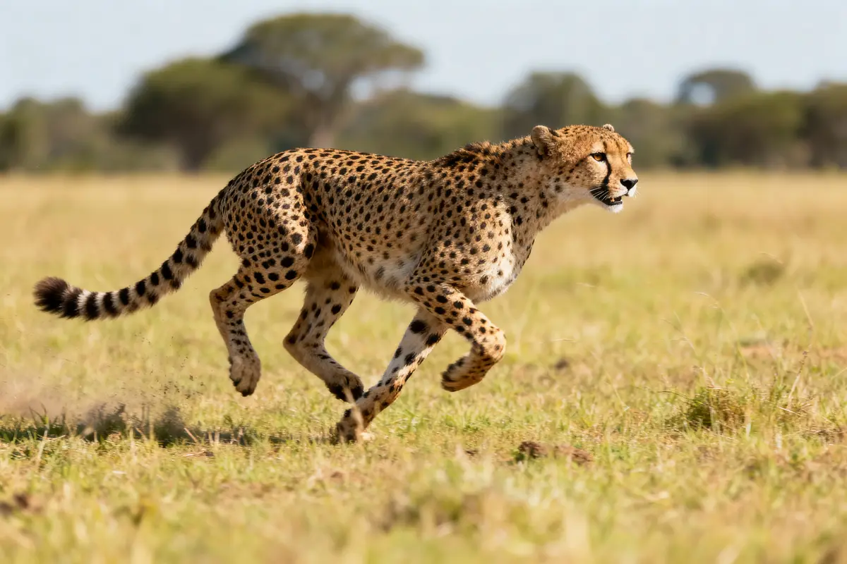 Guépard courant dans la savane, herbe verte, arbres flous en arrière-plan, lumière naturelle, mouvement rapide.