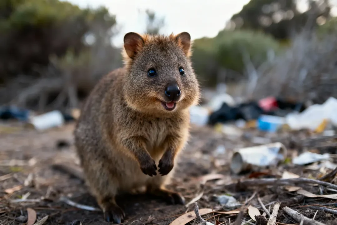 Un quokka souriant se tient debout, entouré de débris et de végétation floue en arrière-plan.