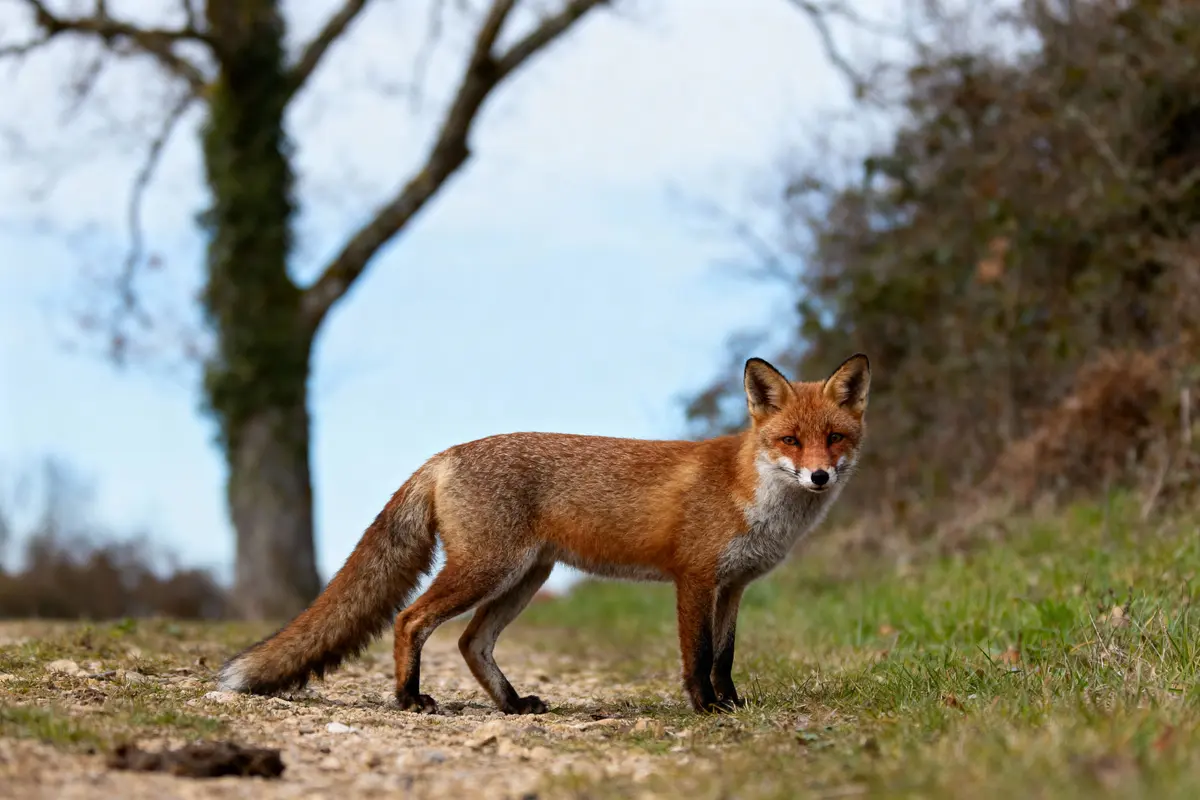 Renard roux debout sur chemin terreux, arrière-plan d'arbres et ciel bleu clair.