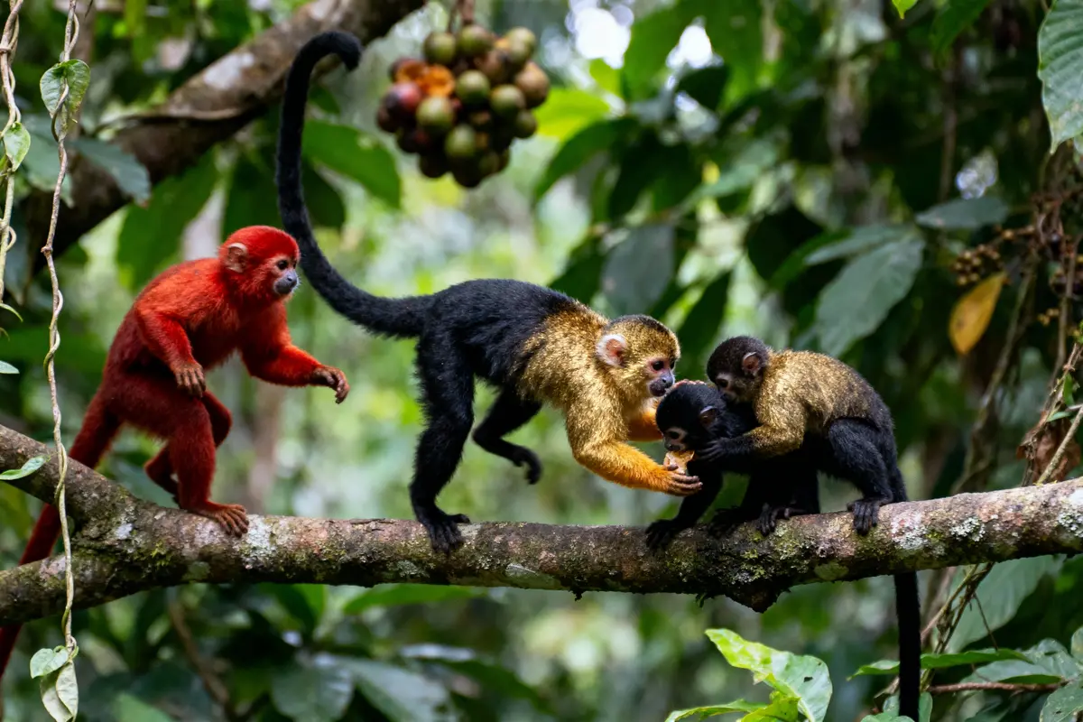 Des singes colorés interagissent sur une branche d'arbre dans une forêt tropicale verdoyante.