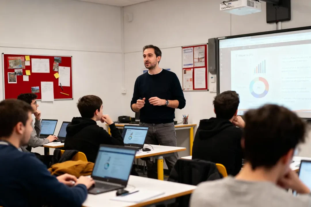 Professeur donne cours aux étudiants utilisant ordinateurs portables, tableau interactif affichant graphiques, salle de classe moderne.