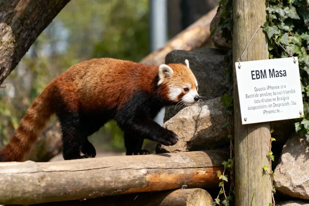 Un panda roux marche sur un tronc près d'un panneau, entouré de verdure et de rochers.