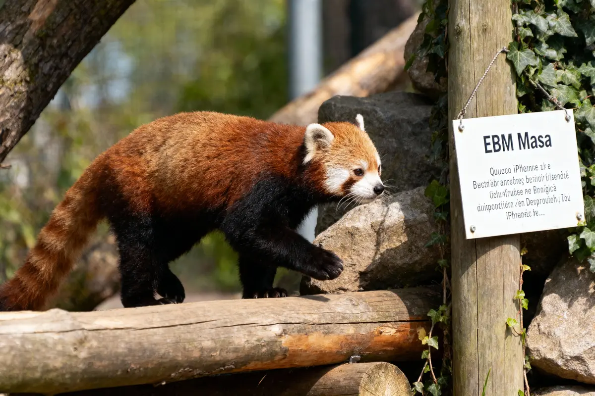 Un panda roux marche sur un tronc près d'un panneau, entouré de verdure et de rochers.