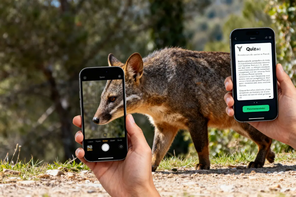 Personne photographie animal sauvage avec téléphone dans la nature, écran montrant quiz et image de l'animal.
