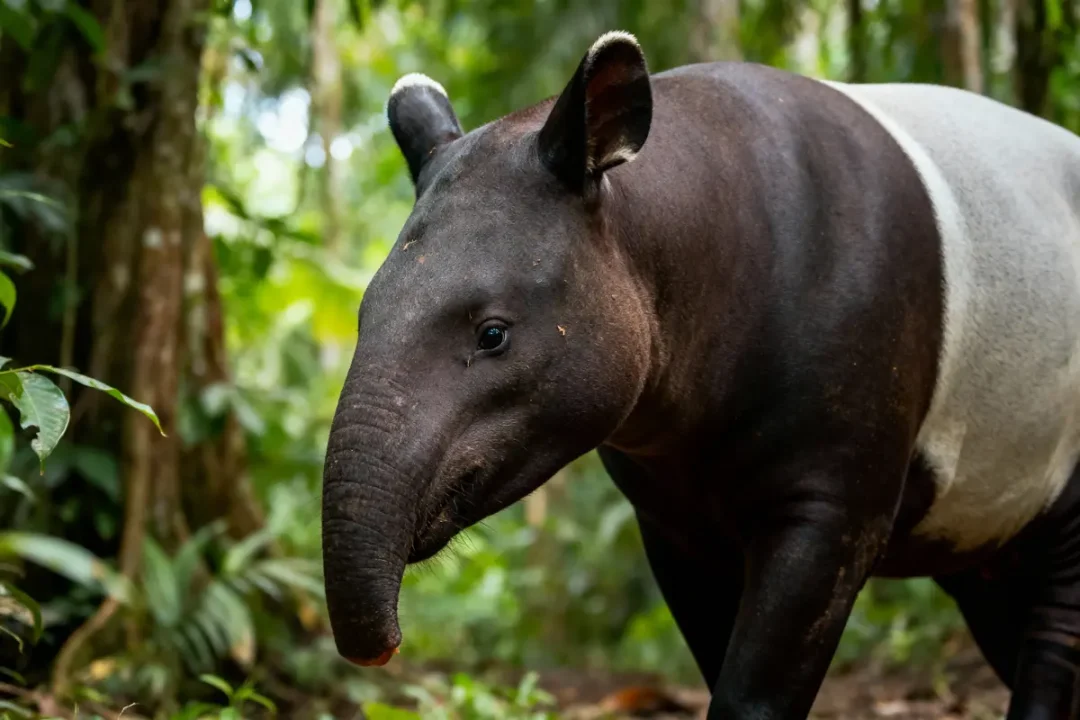 Tapir malais dans la forêt tropicale, entouré de feuillage dense et verdoyant.