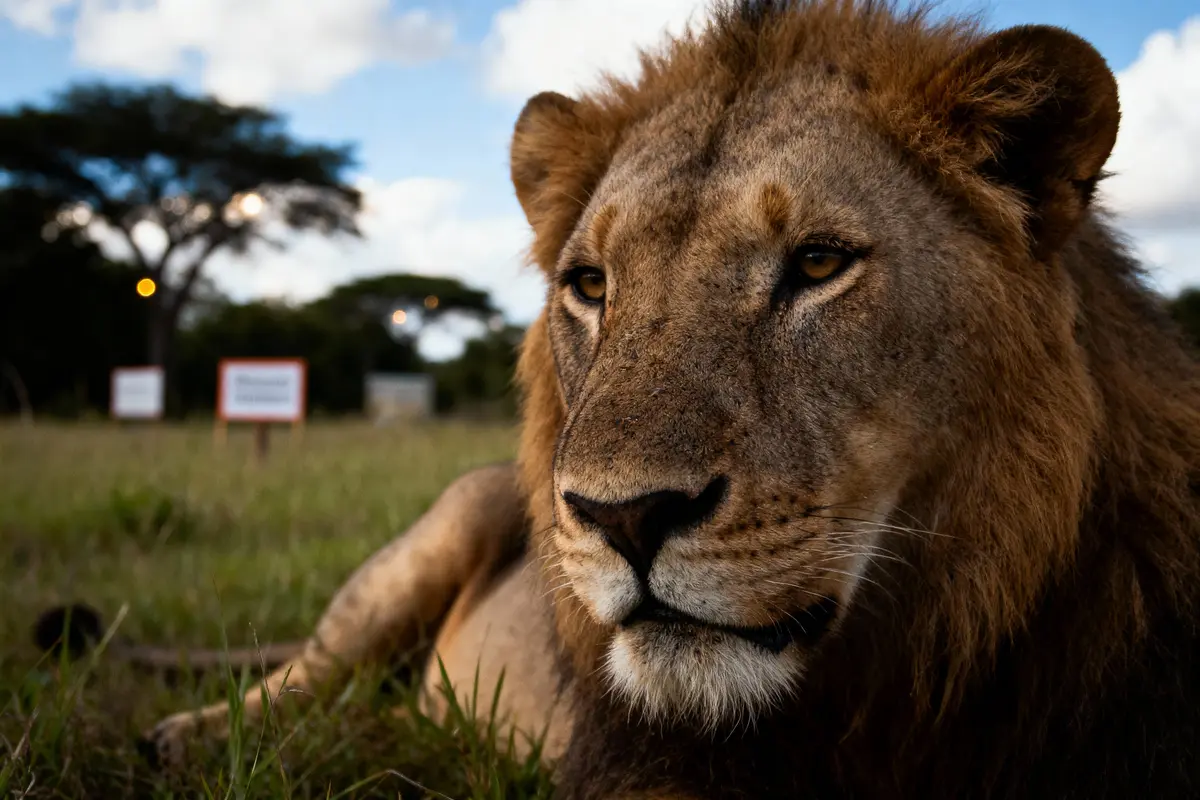 Lion couché dans l'herbe en gros plan, arbres flous et panneaux en arrière-plan. Ciel bleu partiellement nuageux.