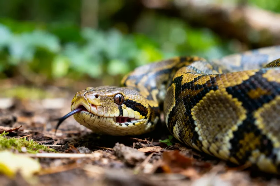 Serpent sur le sol, langue sortie, avec motif complexe sur la peau, entouré de végétation floue.