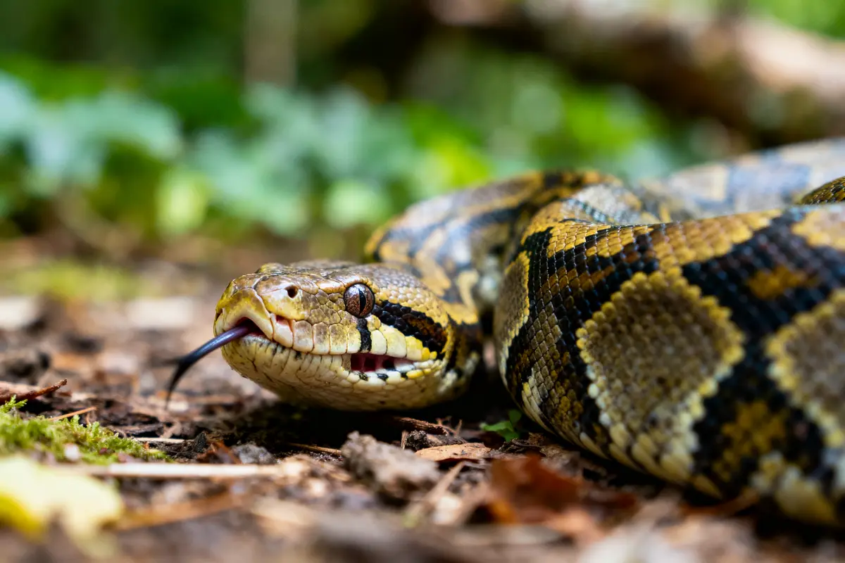 Serpent sur le sol, langue sortie, avec motif complexe sur la peau, entouré de végétation floue.