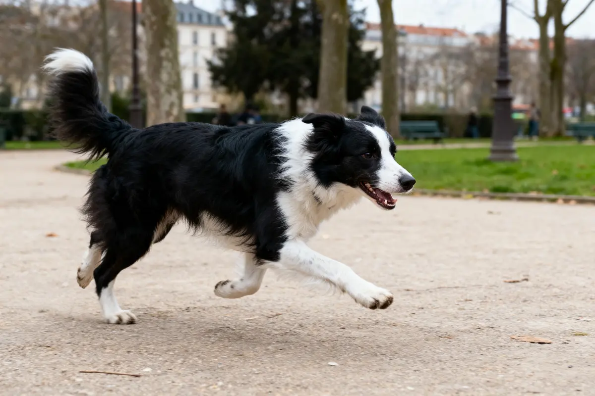 Chien noir et blanc courant dans un parc, entouré d'arbres et de bâtiments en arrière-plan.