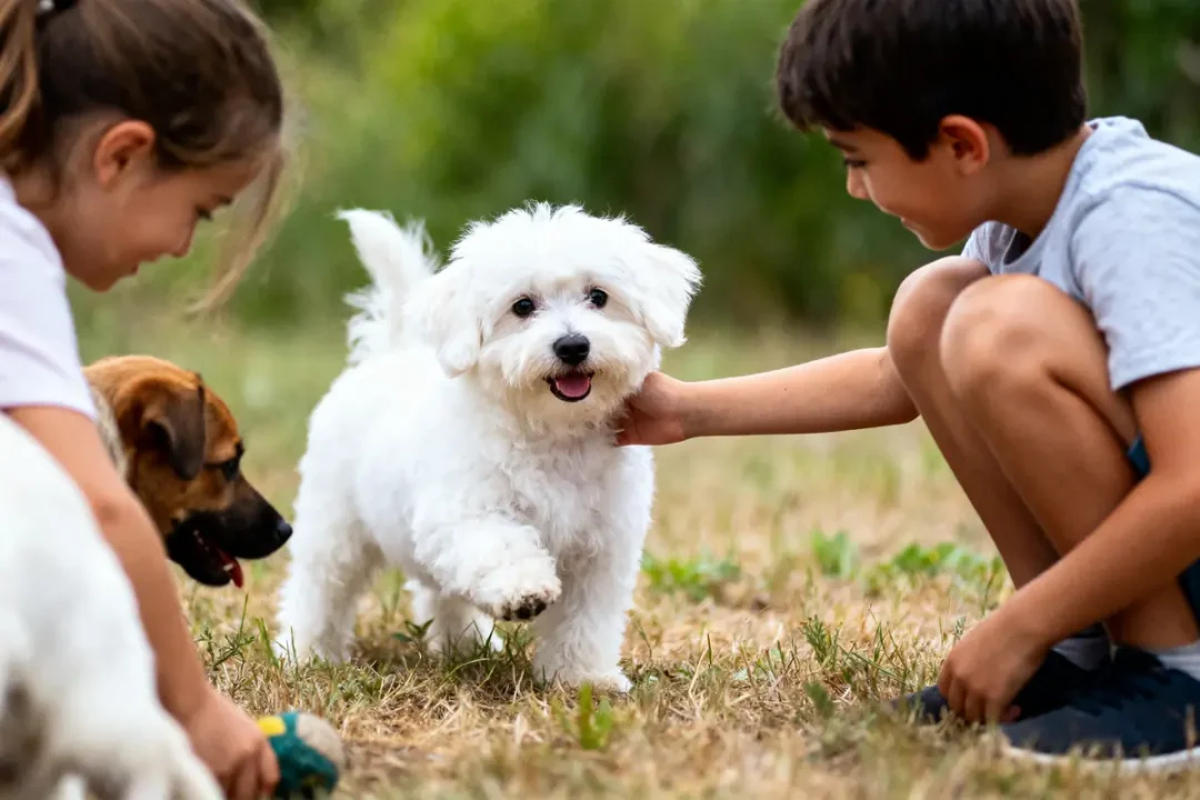 Enfants jouant avec des chiens, dont un bichon blanc et un autre chien brun, dans un parc.