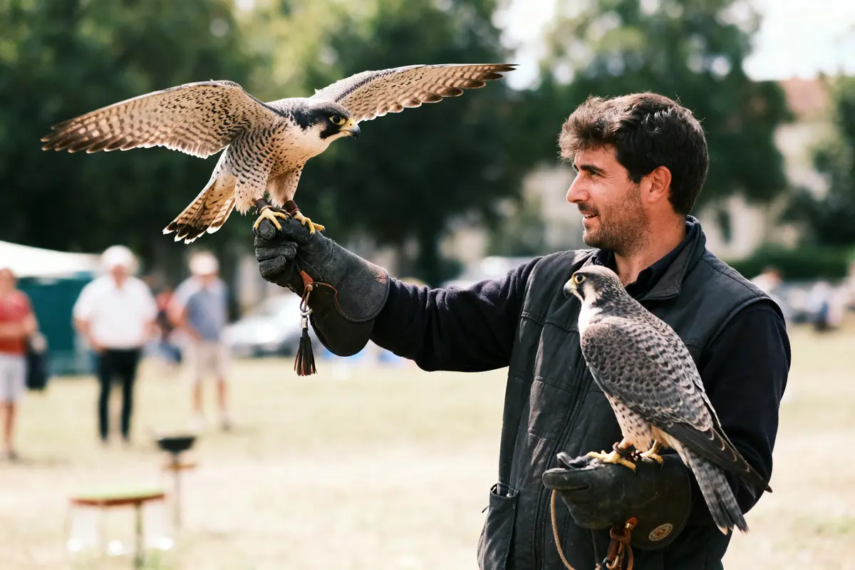 Homme avec faucons, en plein air, tenant les oiseaux sur ses gants de fauconnerie.