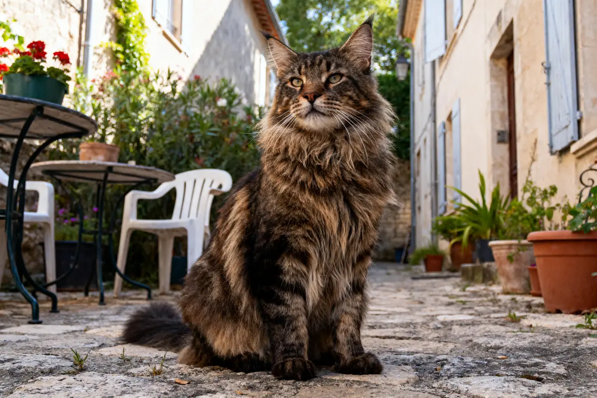 Chat à poils longs assis dans une ruelle pavée, entouré de plantes et de meubles de jardin.