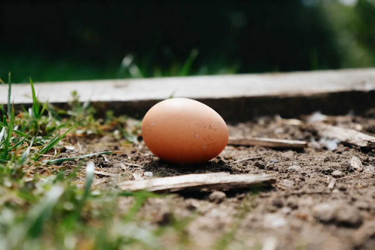 Un œuf brun posé sur le sol, entouré d'herbe et de terre.