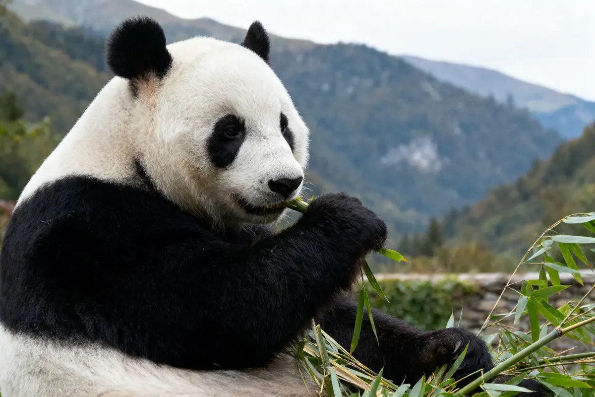 Un panda mangeant du bambou, assis dans un paysage montagneux verdoyant.