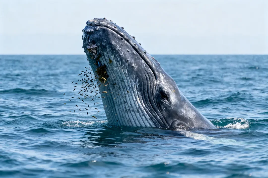 Baleine émergeant de l'eau avec des poissons, océan en arrière-plan, ciel dégagé.