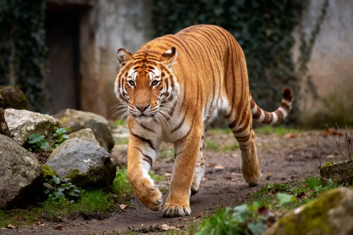 Tigre marchant sur un chemin, entouré de rochers et de verdure.