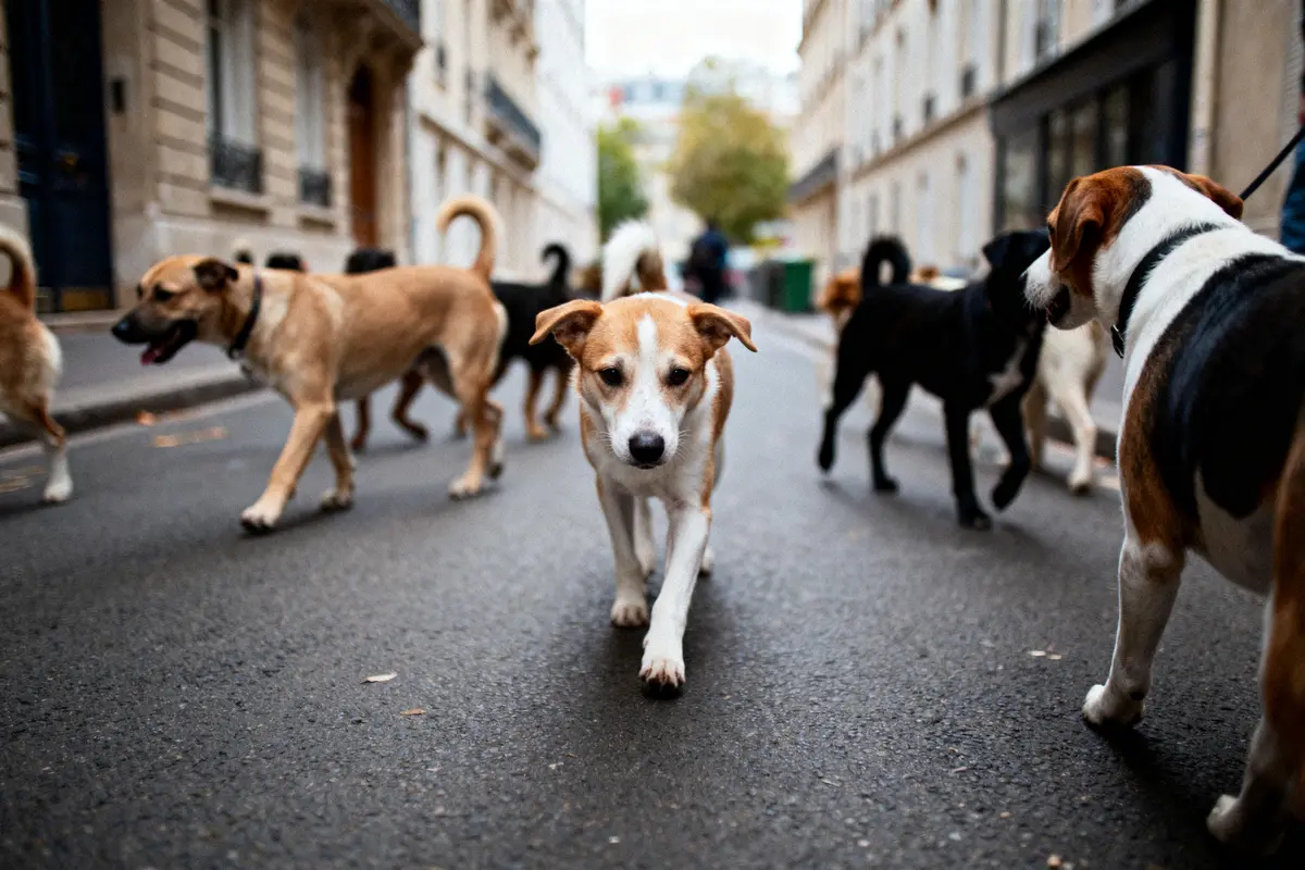 Chiens marchant ensemble dans une rue urbaine bordée de bâtiments, en groupe compact.