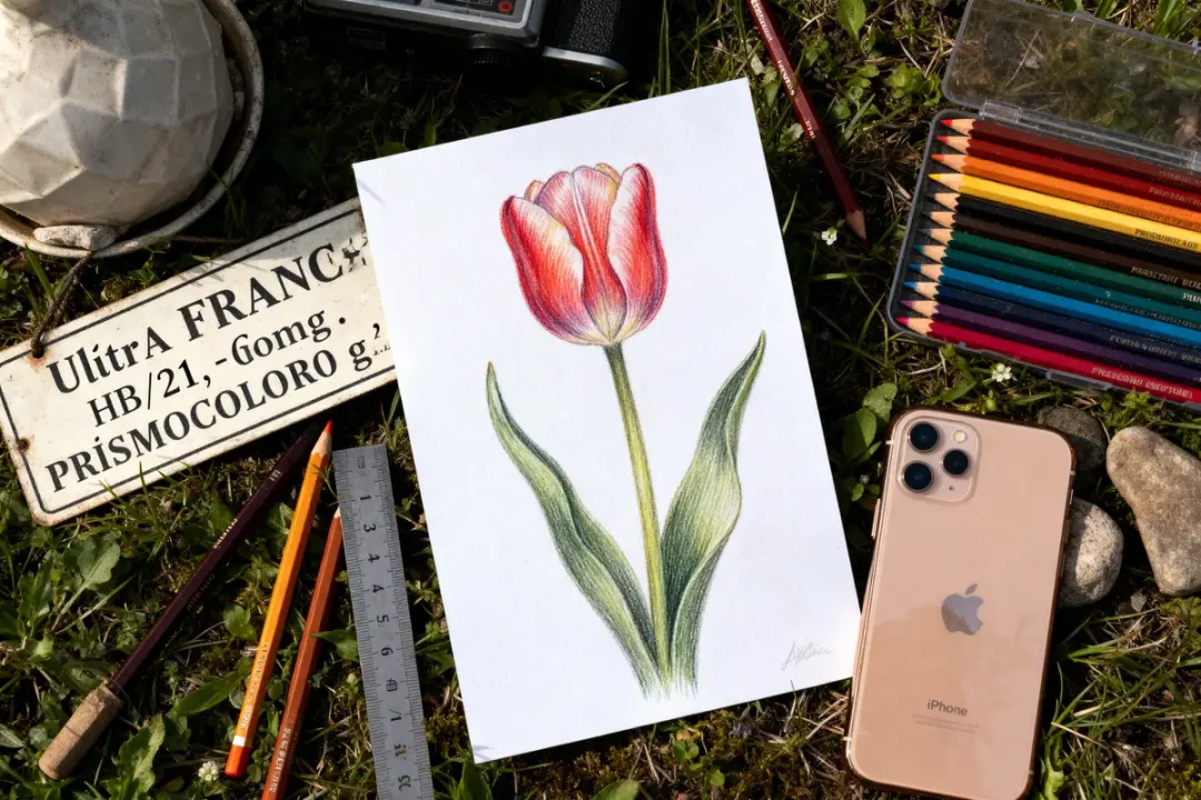 Dessin de tulipe entouré de crayons de couleur, règle, téléphone, sur herbe, avec boîte métallique.