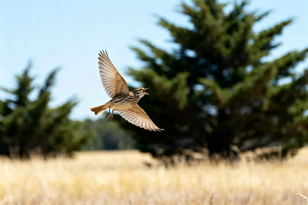 Alouette oiseau en plein vol dans la nature avec arbres en arrière-plan