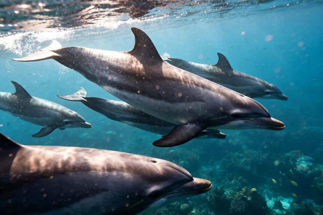 Des dauphins nageant ensemble sous l'eau près des coraux avec une baleine pilote.