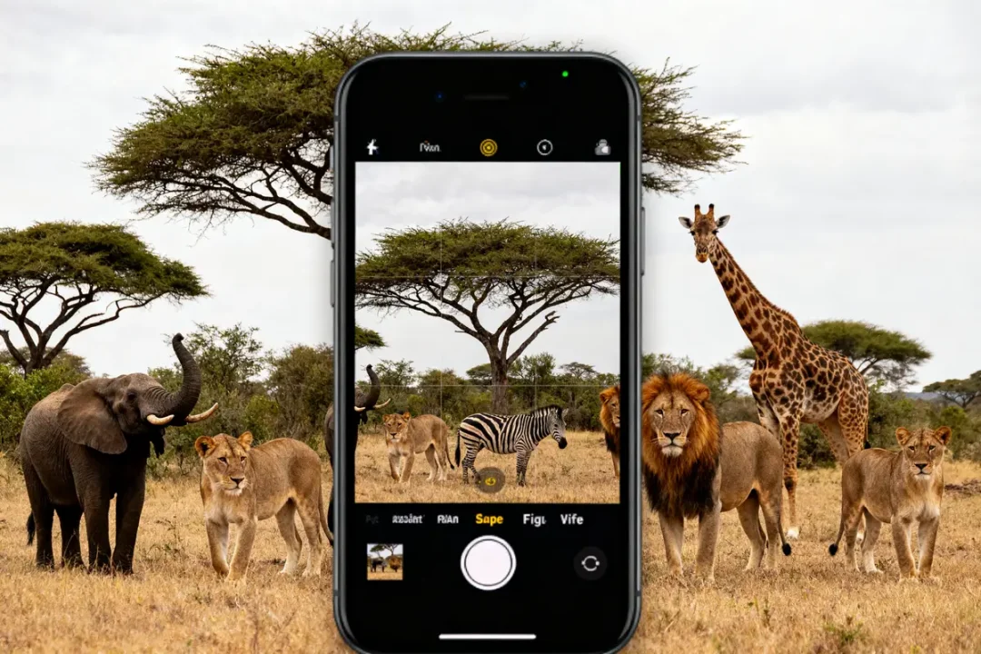 Animaux Big Five photographiés avec un iPhone dans la savane africaine parmi les arbres