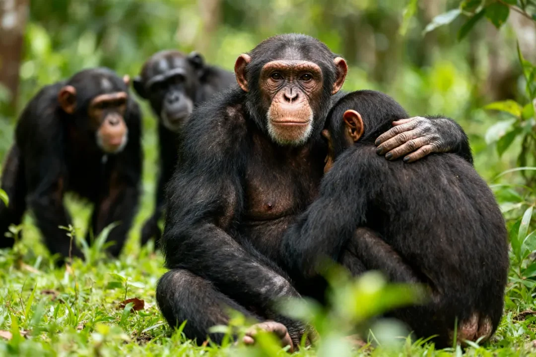 Groupe de bonobo singes s'embrassant affectueusement dans la forêt tropicale luxuriante