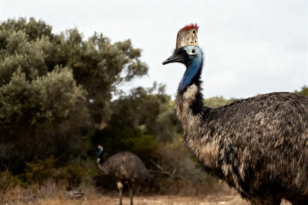 Gros-plan d'un casoar dans un habitat boisé avec végétation en arrière-plan