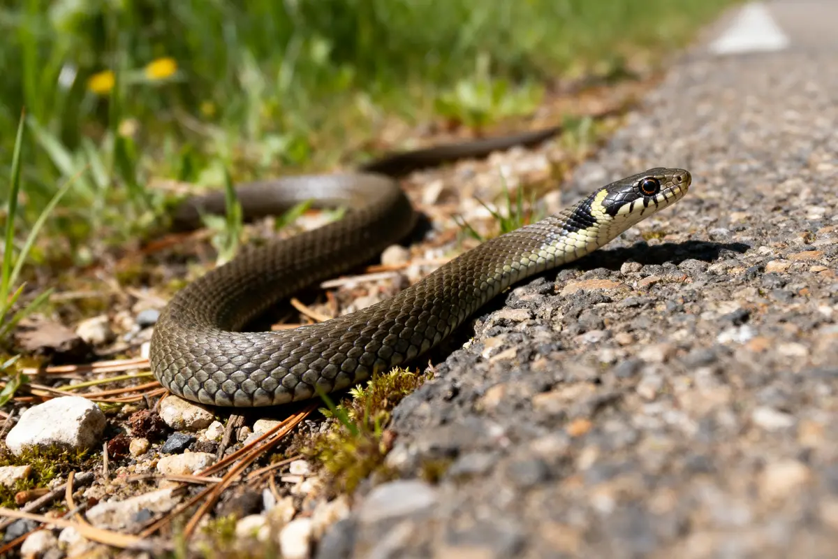 Couleuvre verte et jaune s'étendant sur un chemin herbeux et ensoleillé