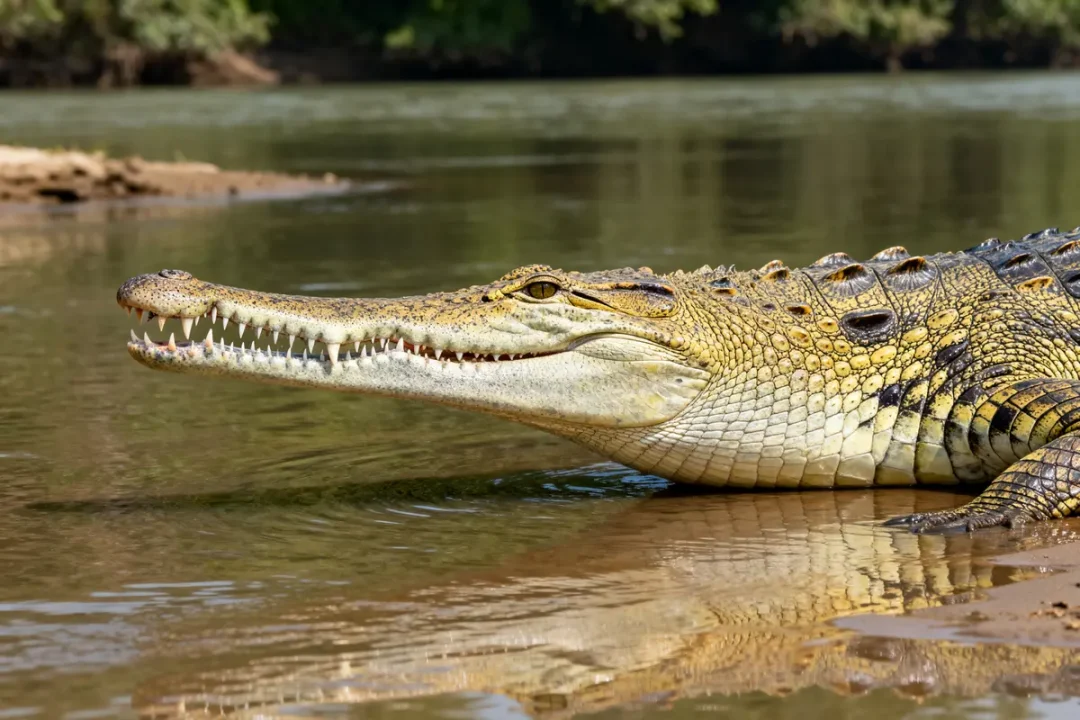 Gharial animal allongé sur la berge d'une rivière, gueule ouverte et dents apparentes