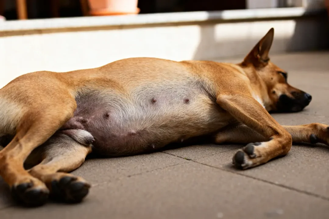 Chien allongé au sol reposant dehors, le ventre de mon chien gargouille doucement