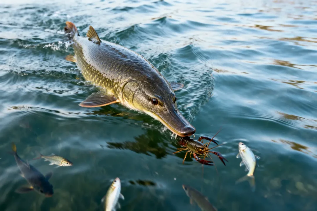 Brochet mangeant une écrevisse dans l'eau entouré de poissons et évoquant un marsouin