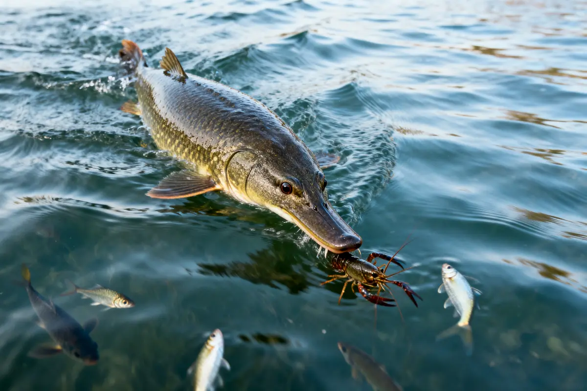 Brochet mangeant une écrevisse dans l'eau entouré de poissons et évoquant un marsouin