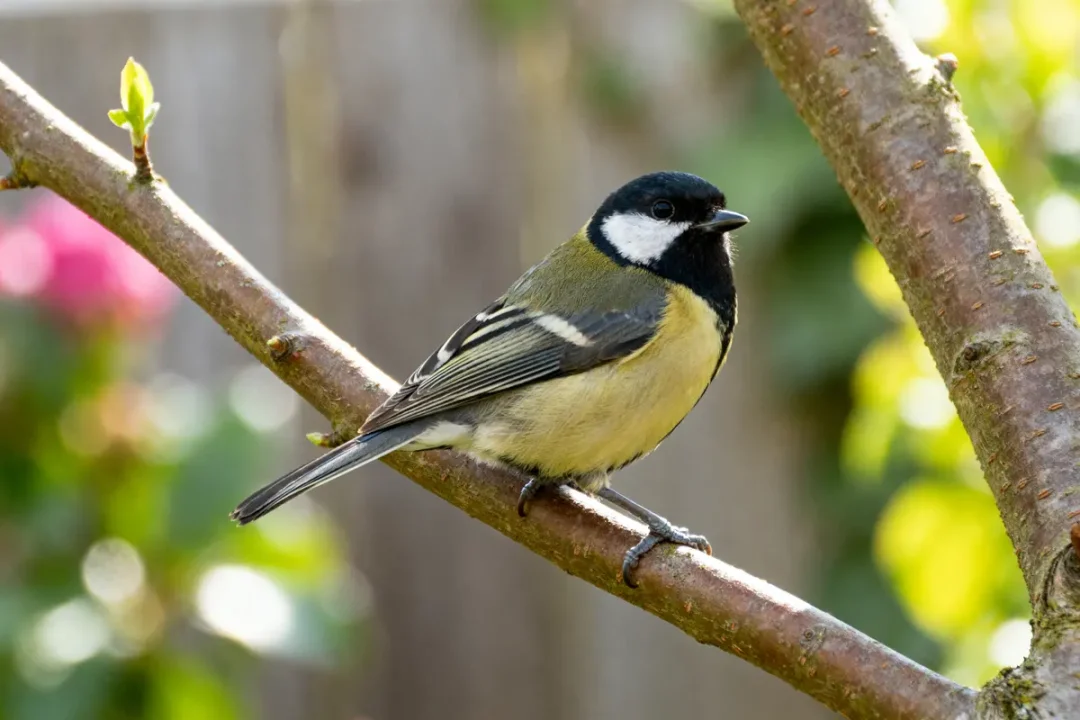 Mésange posée sur une branche avec arrière-plan flou et feuillage lumineux
