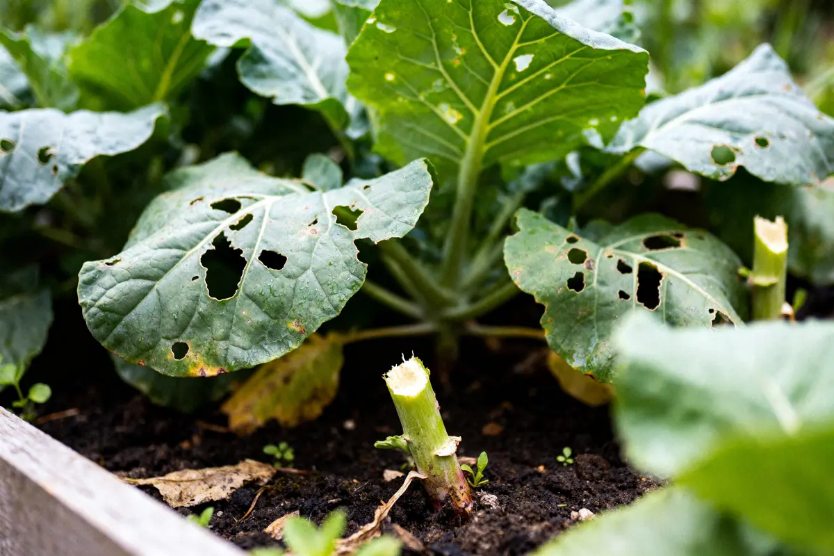 Feuilles de chou endommagées par la noctuelle dans un jardin potager en gros plan