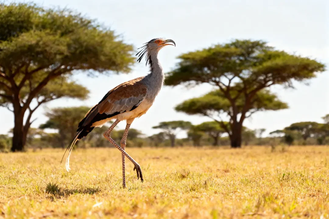 Serpentaire oiseau marche dans la savane africaine avec des acacias en arrière-plan