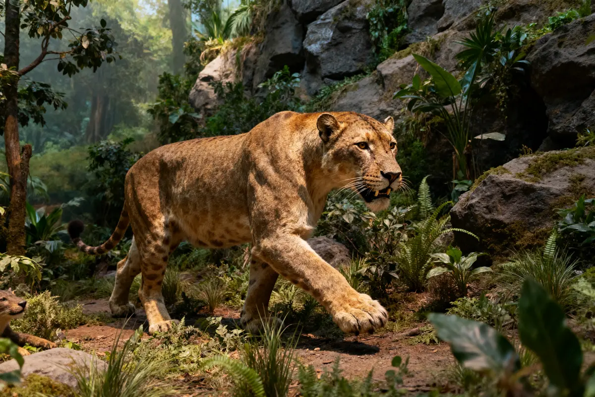 Smilodon majestueux marchant dans une forêt préhistorique dense et verdoyante